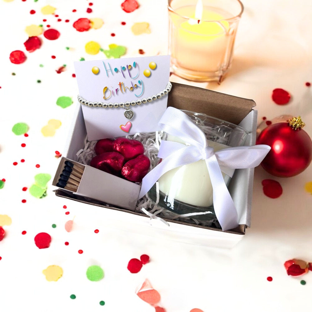 Small Birthday Hamper Cubic Zirconia Heart Bracelet, Chocs & Candle