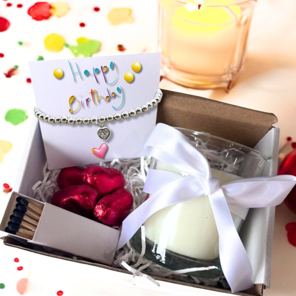 Small Birthday Hamper Cubic Zirconia Heart Bracelet, Chocs & Candle