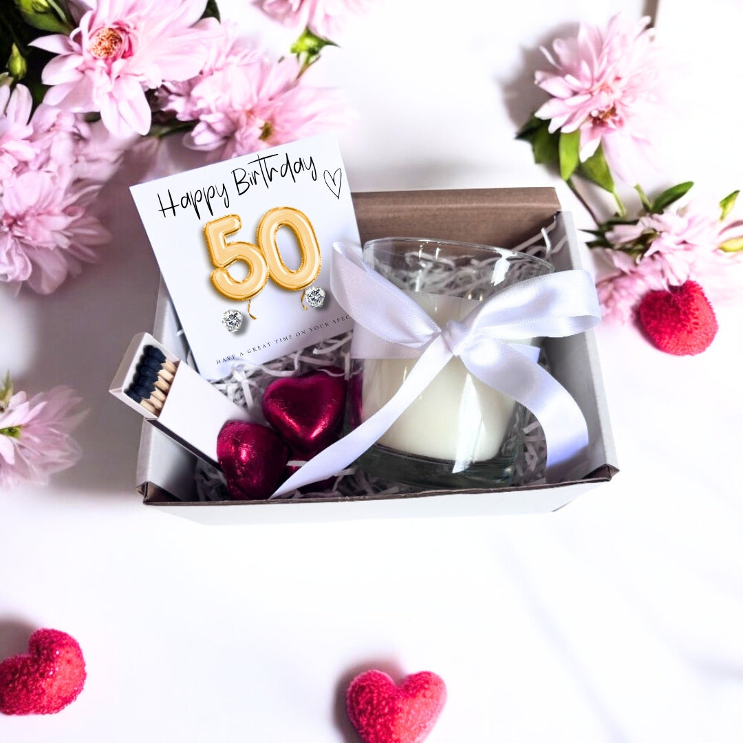 Small 50th Birthday Gold Balloon Hamper | Candle, Earrings, Chocolates