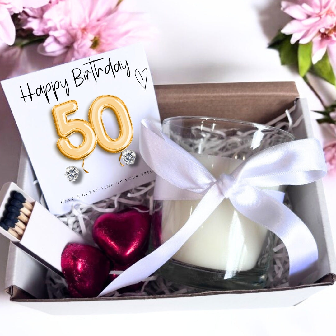 Small 50th Birthday Gold Balloon Hamper | Candle, Earrings, Chocolates