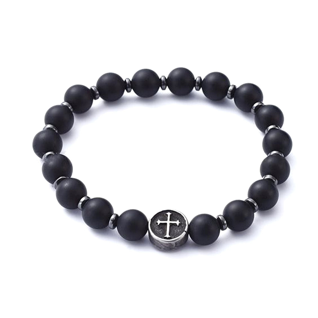 Men's Black Beaded Agate & Cross Bracelet
