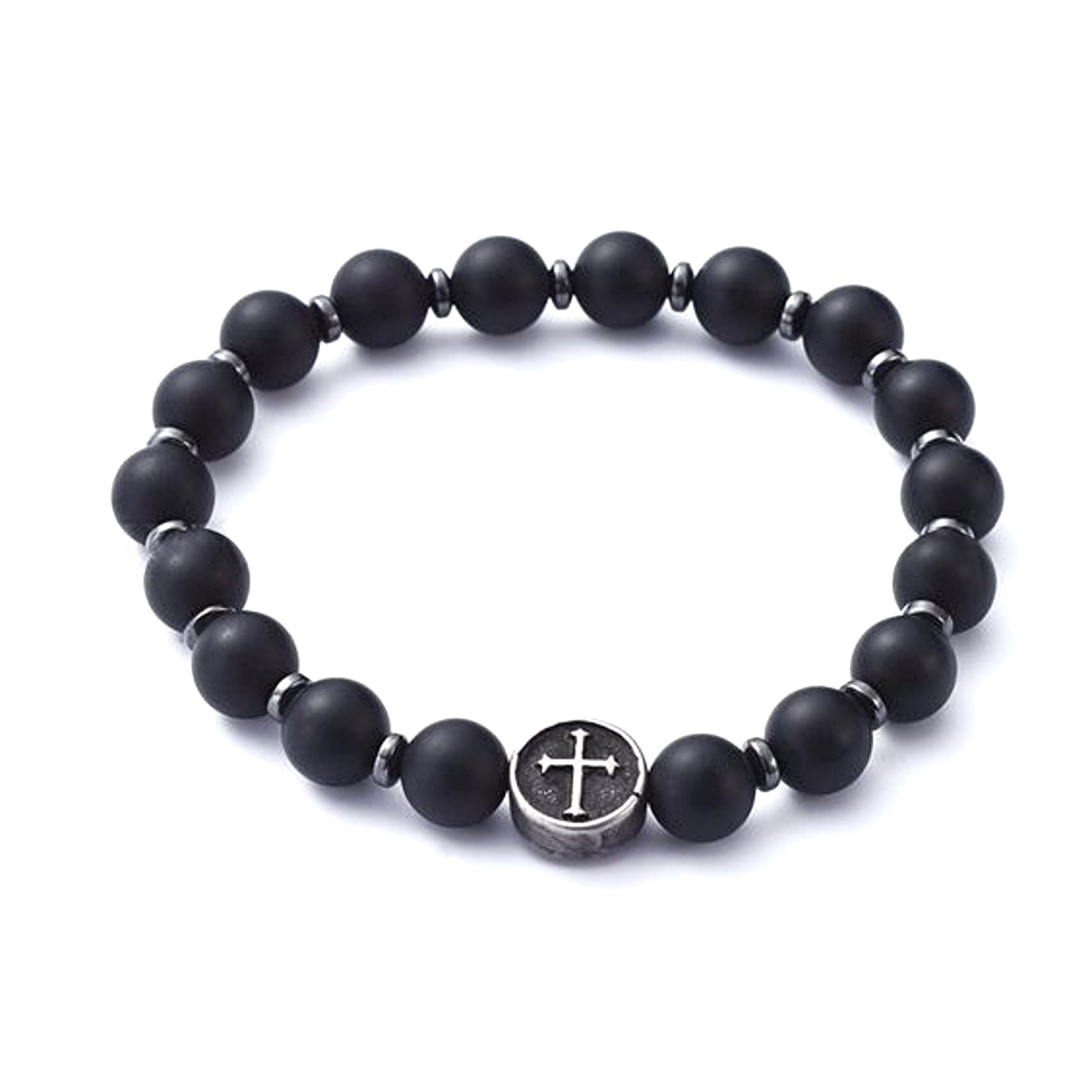 Men's Black Beaded Agate & Cross Bracelet