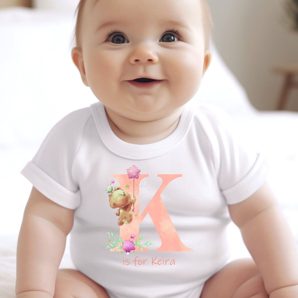 Personalised Pink Initial Teddies Baby Outfit: Bib, Vest, Baby Grow