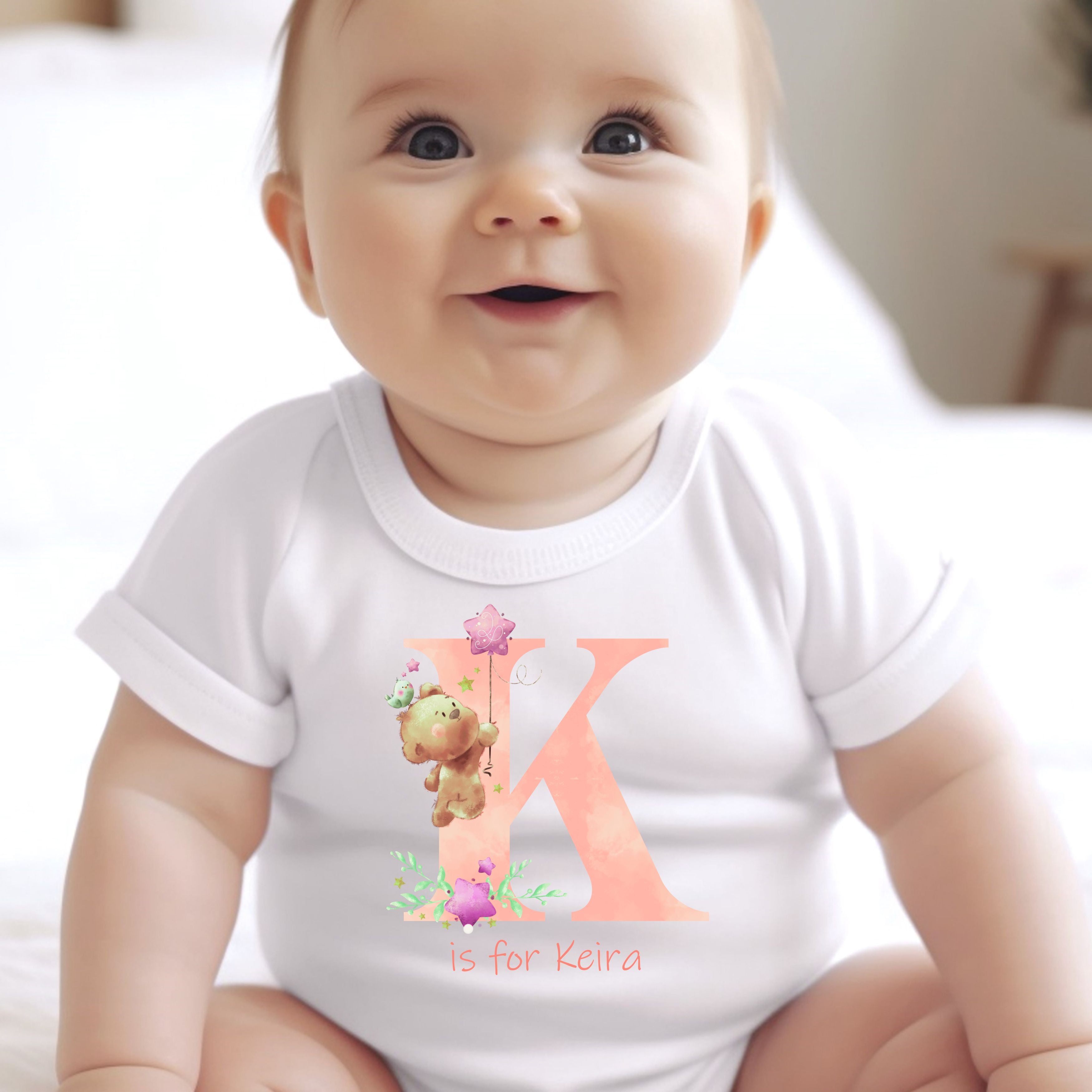 Personalised Pink Initial Teddies Baby Outfit: Bib, Vest, Baby Grow