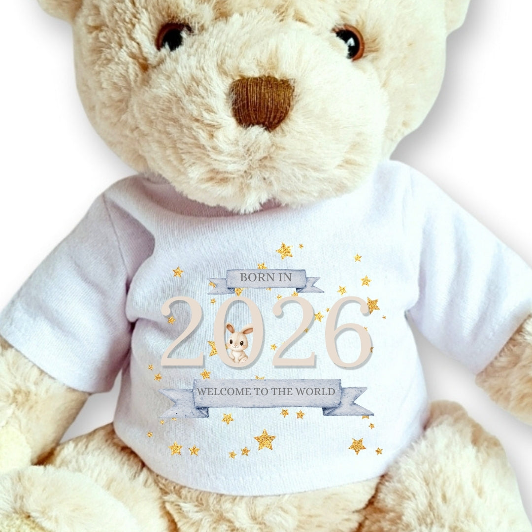Peluche de luxe personnalisée | T-shirt "Bienvenue au monde 2026"