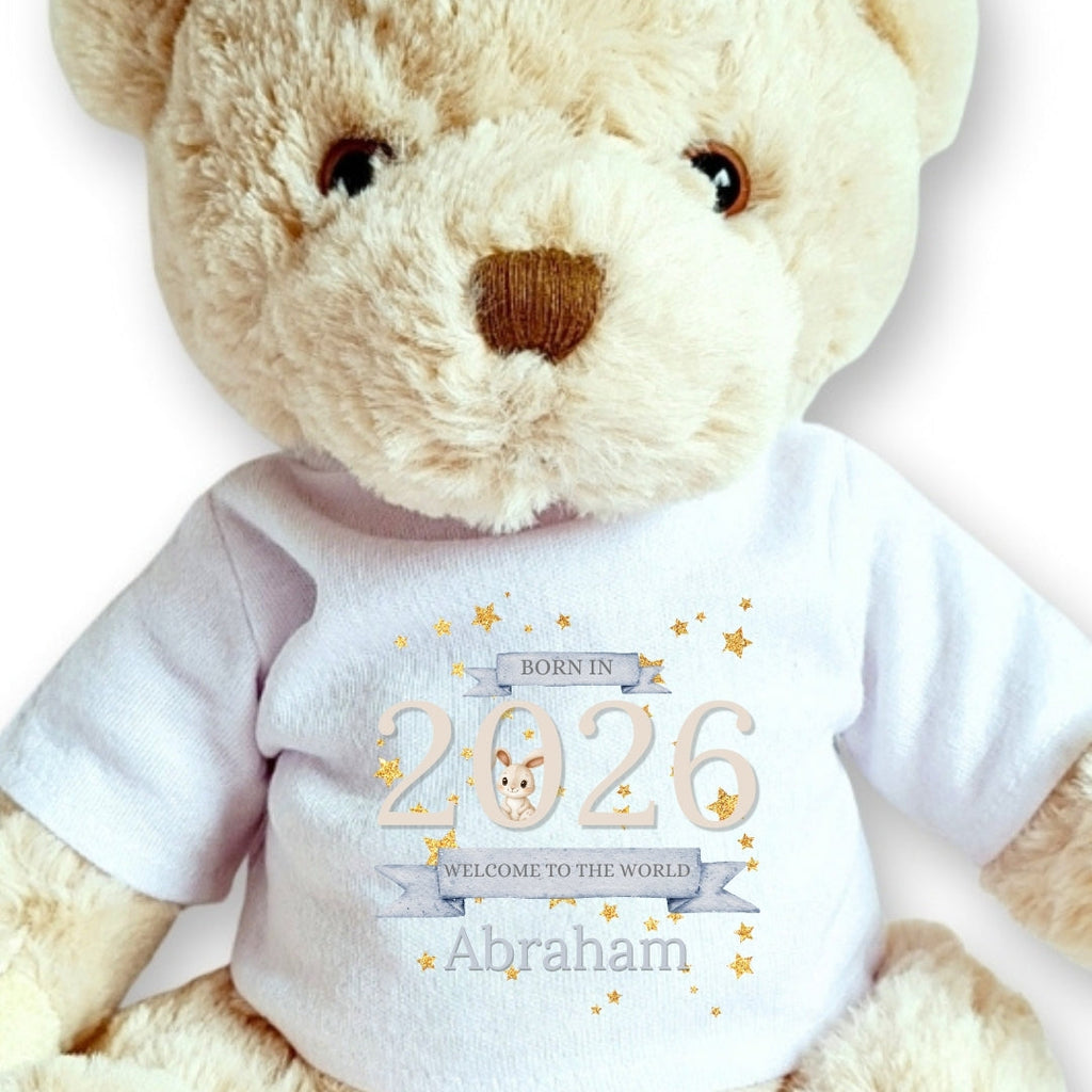 Peluche de luxe personnalisée | T-shirt "Bienvenue au monde 2026"