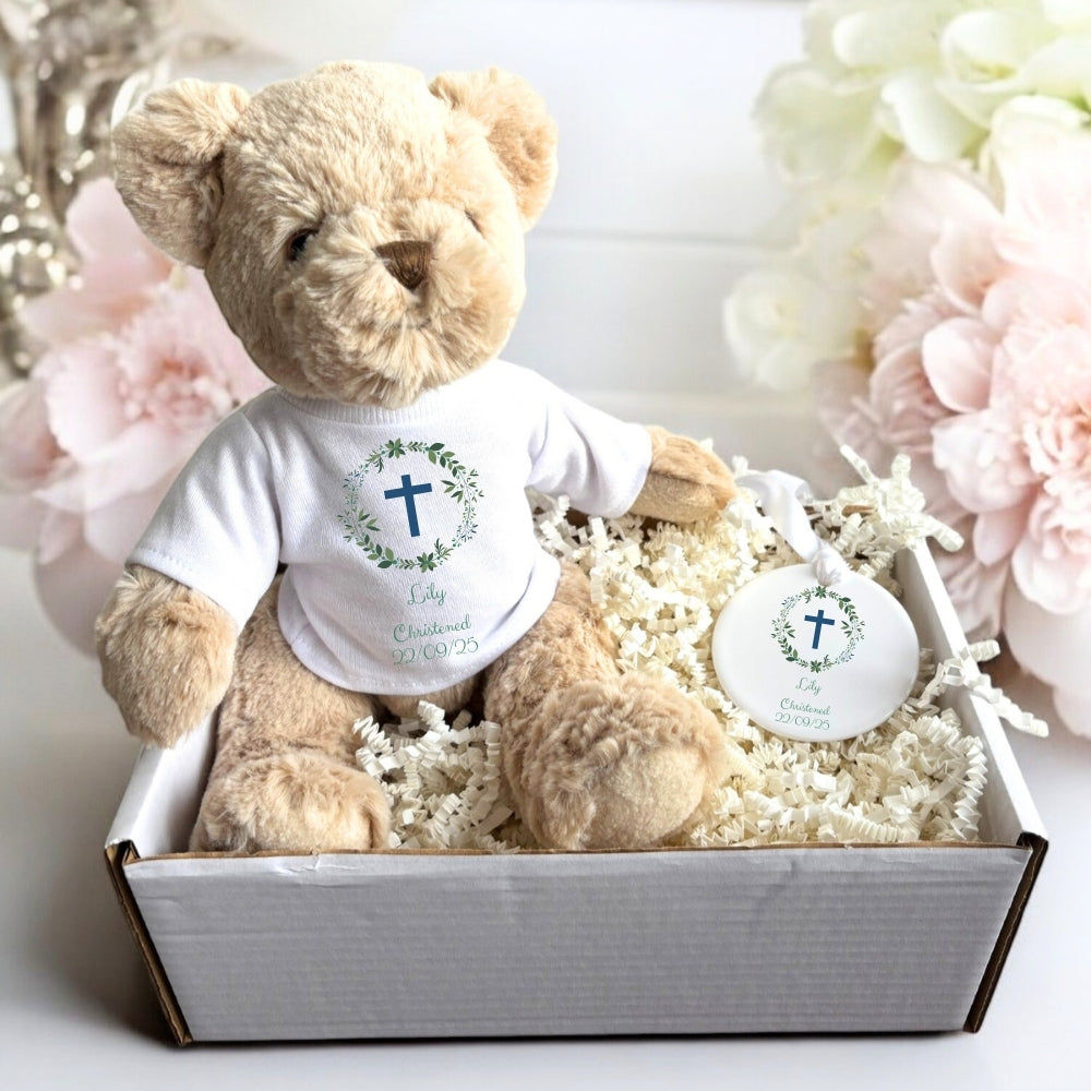 Personalised Christening Teddy & Ceramic Gift Hamper-Baby Girl or Boy UK