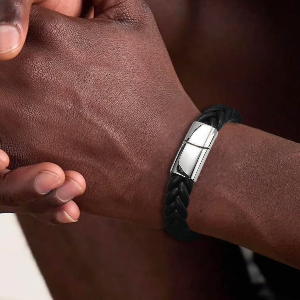 Men's Black Woven Leather Bracelet