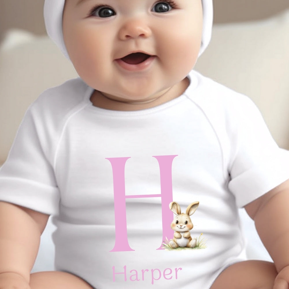 Personalised Pink Initial Bunny Baby Outfit: Bib, Vest, Baby Grow