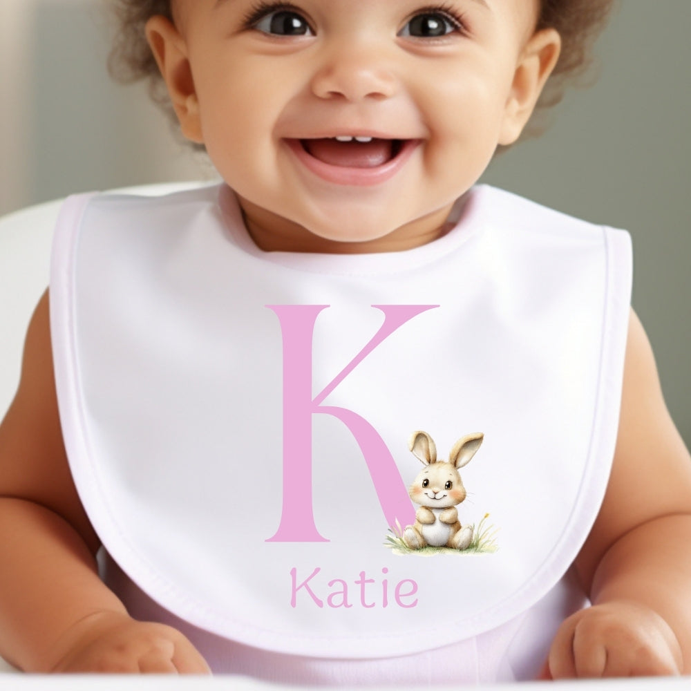 Personalised Pink Initial Bunny Baby Outfit: Bib, Vest, Baby Grow