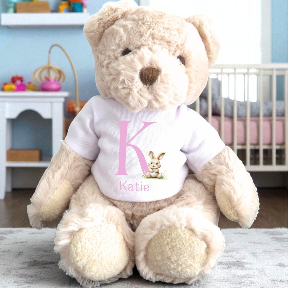 Personalised Pink Initial Bunny Gift Hamper - Teddy & Baby Vest
