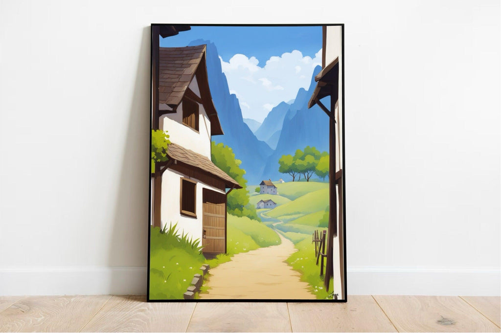 Serene Retreat Village Print – Peaceful Mountain Art