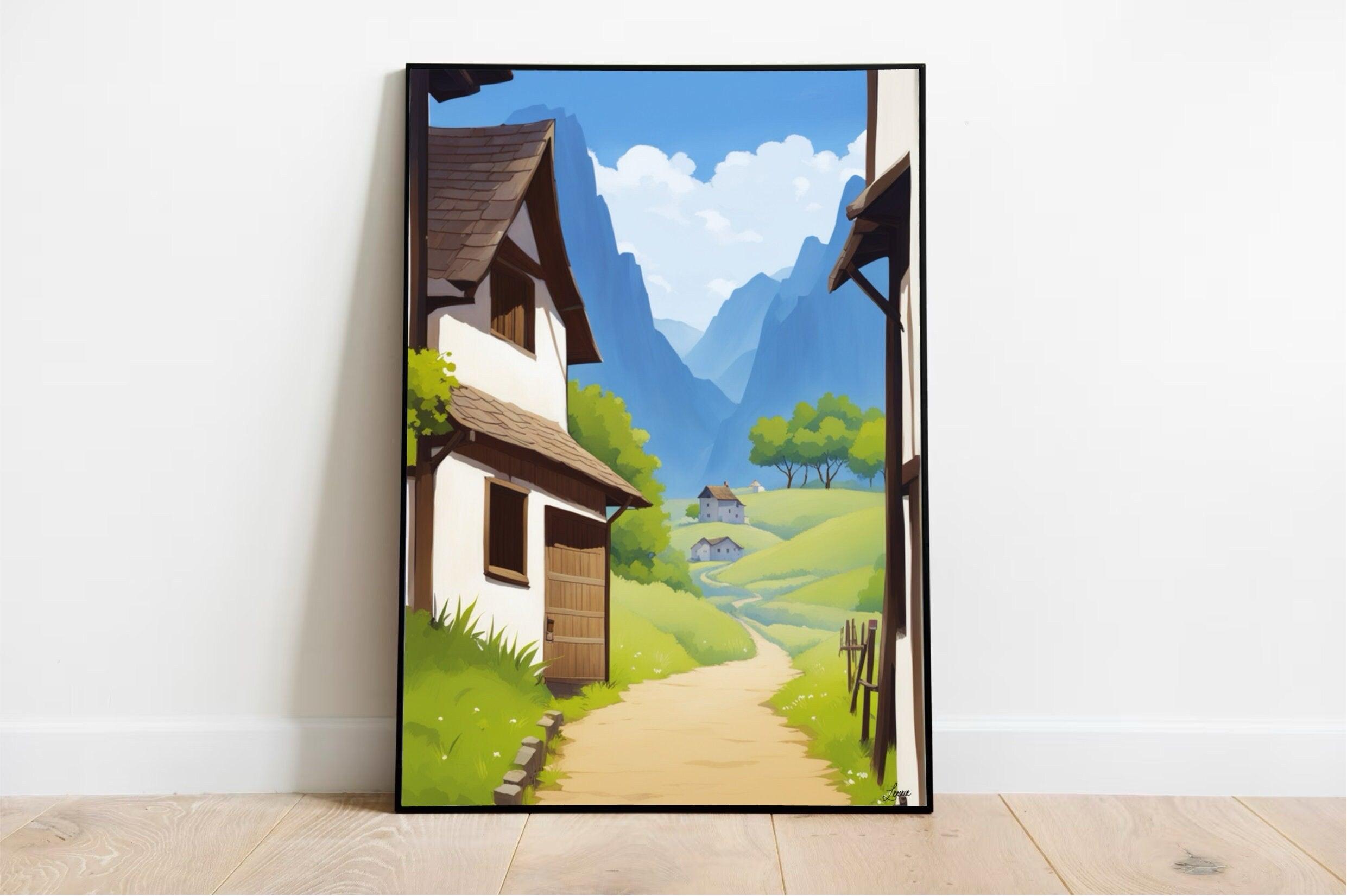 Serene Retreat Village Print – Peaceful Mountain Art