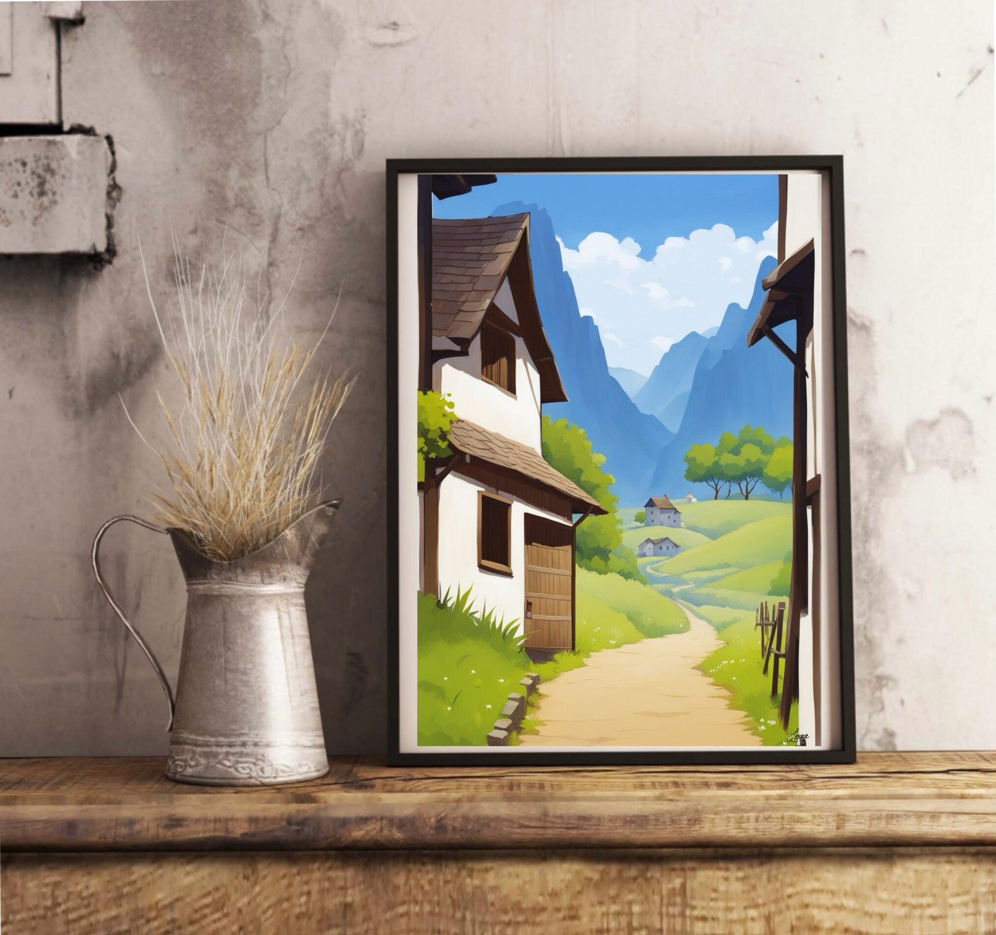 Serene Retreat Village Print – Peaceful Mountain Art