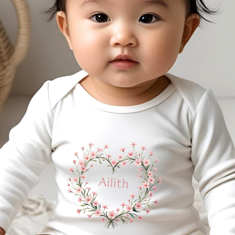 Personalised Pink Flower Heart Name Baby Outfit: Bib, Vest, Baby Grow