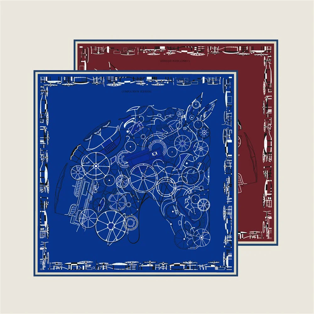POBING Hand Rolled Twill Silk Scarf Women Horse Head Double Print Square Scarves Wraps Echarpes Foulards Femme Hijab 90CM