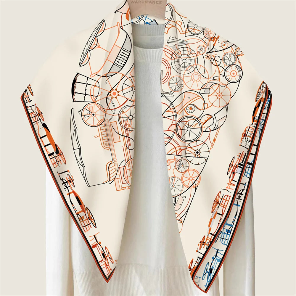 POBING Hand Rolled Twill Silk Scarf Women Horse Head Double Print Square Scarves Wraps Echarpes Foulards Femme Hijab 90CM